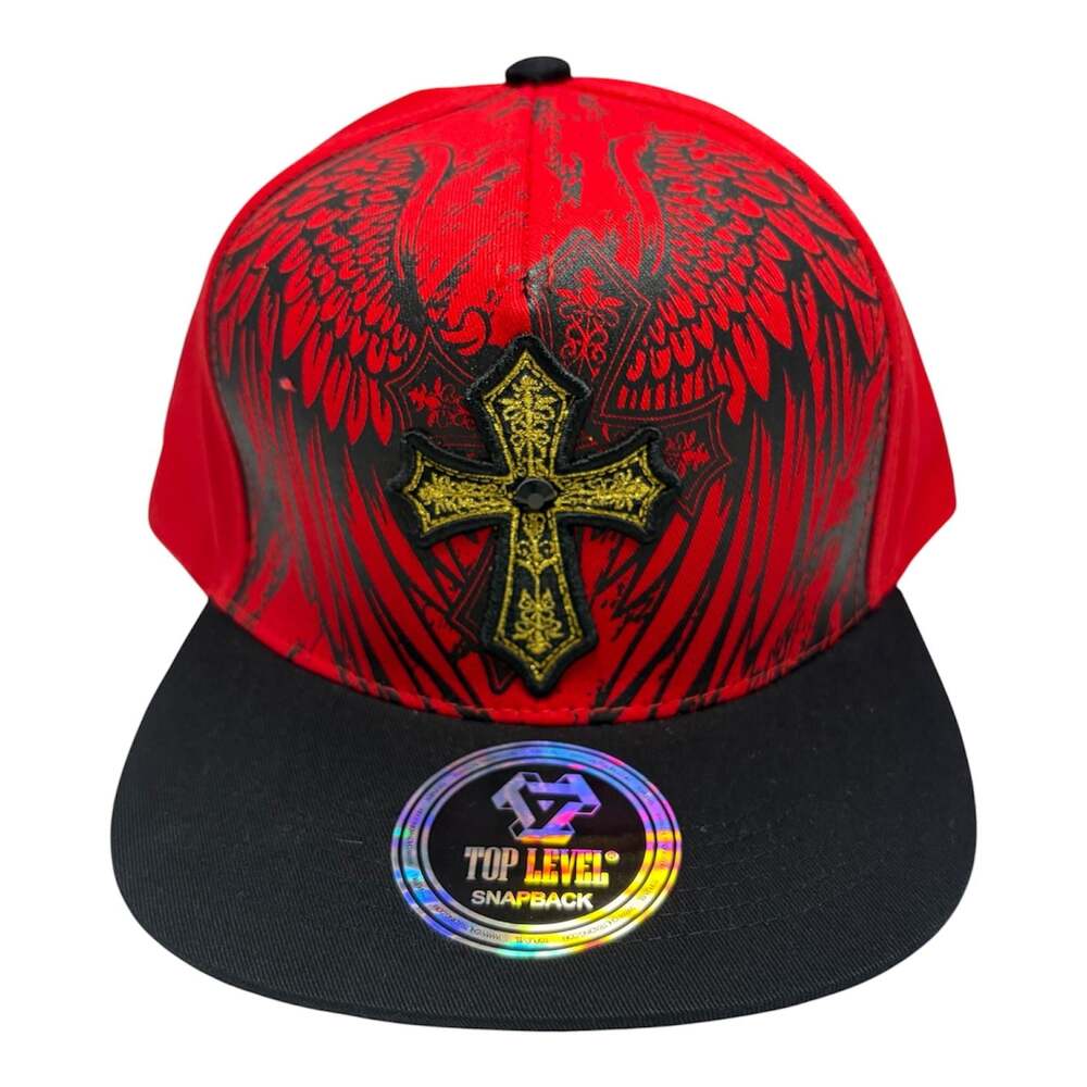 Top Level Snapback Hat Red and Black with Wings and Gold Cross